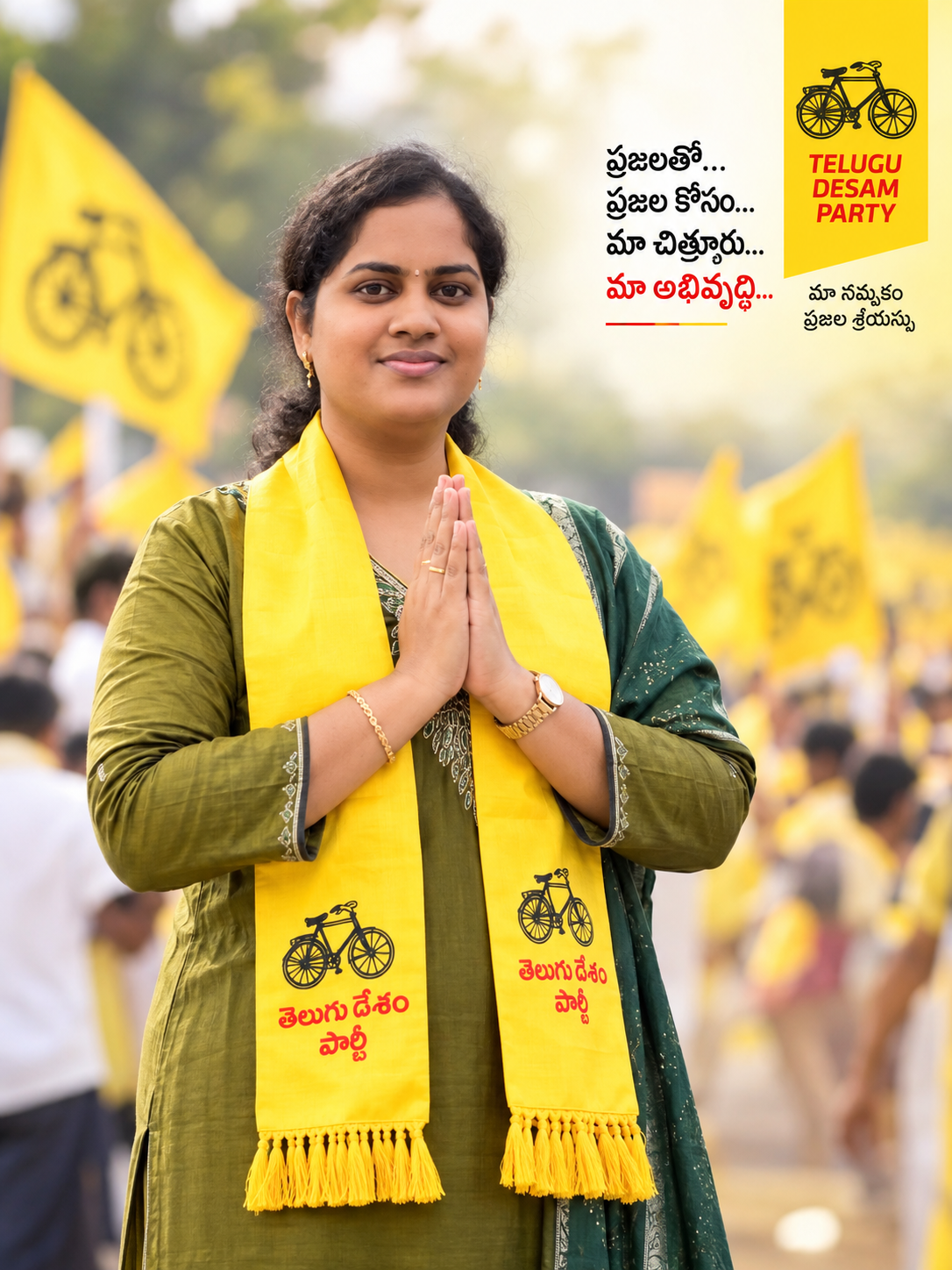 Portrait of Thejaswi Mohan wearing a yellow Telugu Desam Party scarf, with a Telugu message about public service